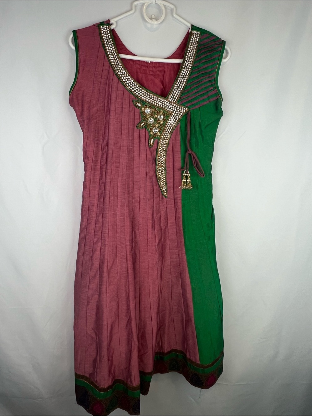 Indian Traditional Anarkali Style Dress Pink & Green Embellished Rhinestone